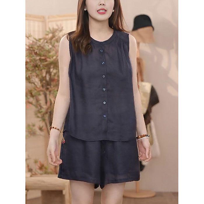 Women's Summer Linen Slimming Two-Piece Set: Sleeveless Sport Shirt & Shorts