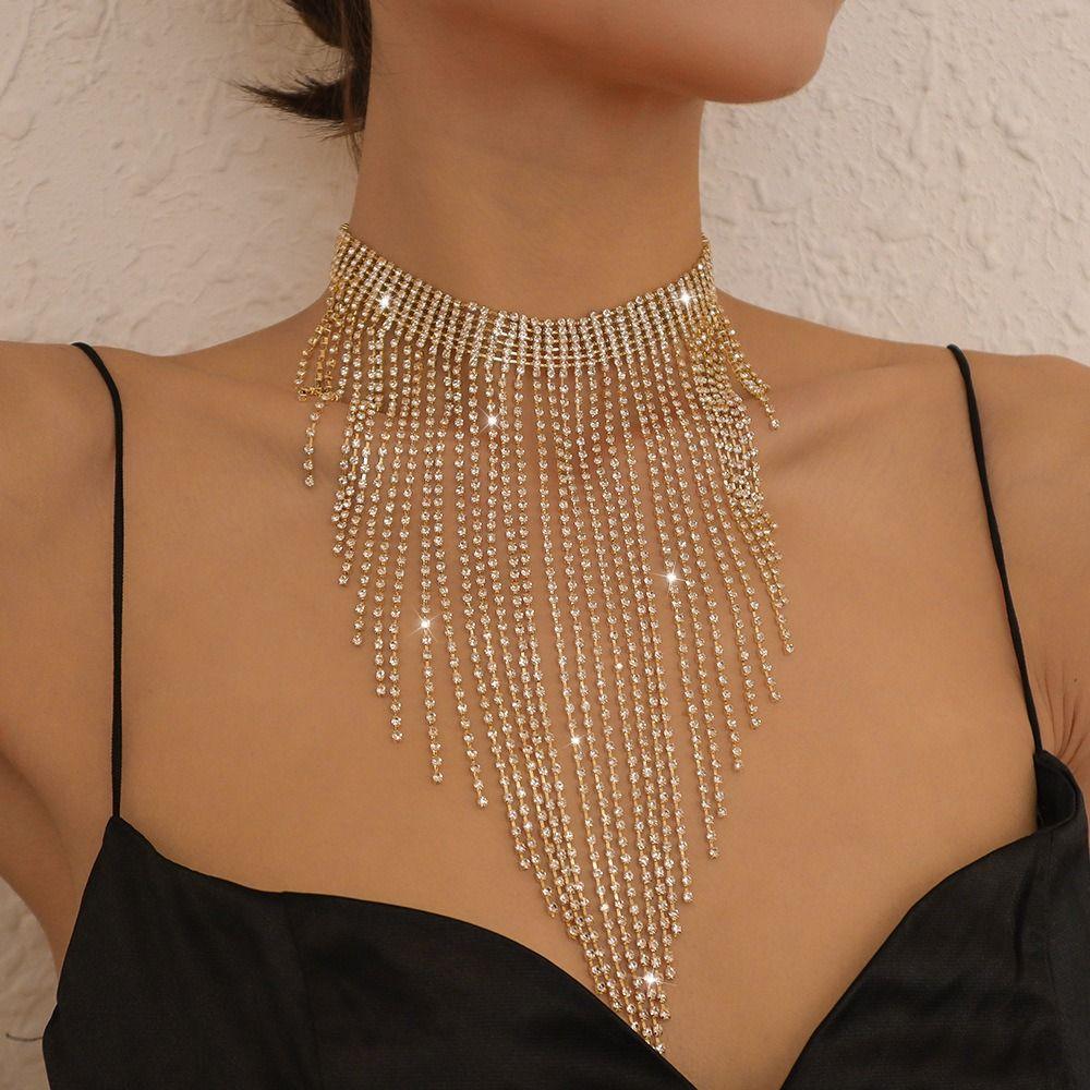 Geometric Long Tassel Necklace Sparkling Clavicle Chain Sweet Full Rhinestone Necklace Women