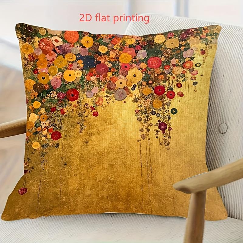Gustav Klimt Style Floral Pillow Cover Golden Art Print Boho Vintage Cushion Case For Sofa Bed Couch Elegant Artistic Home Decor