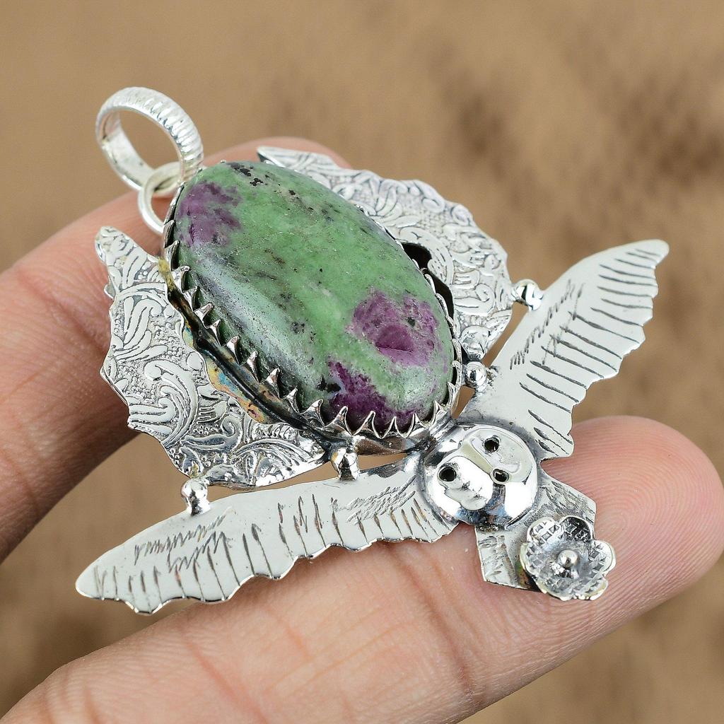 Natural Ruby Zoisite Gemstone Jewelry 925 Sterling Silver Pendant Owl For Women