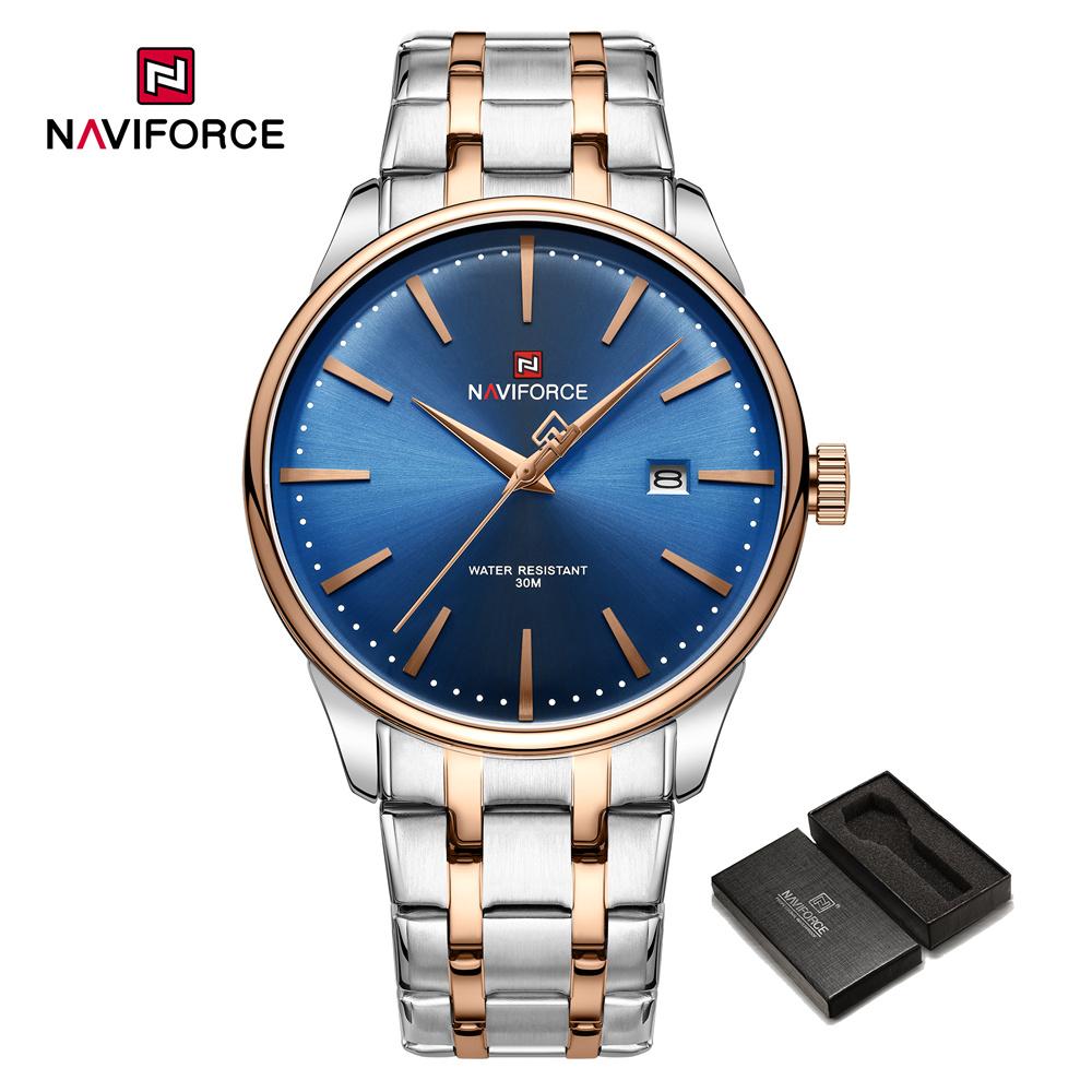 Naviforce Мужские часы из нержавеющей стали, водонепроницаемые деловые наручные часы с дисплеем даты, оригинальные кварцевые мужские часы