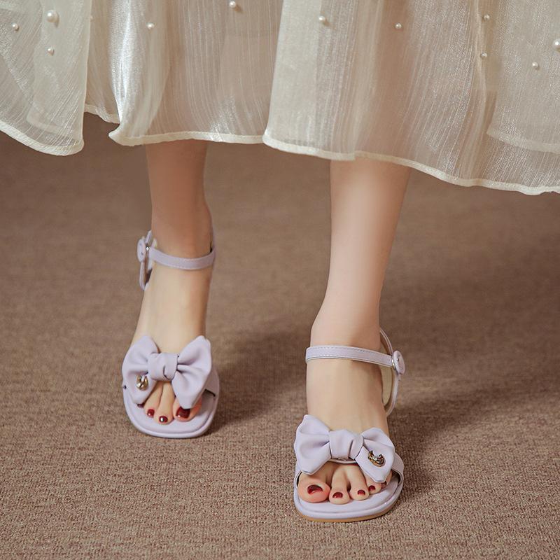 Босоножки на грубом каблуке женские весна-лето 2025 новая мода простые милые банты иностранный стиль слово фея высокие каблуки