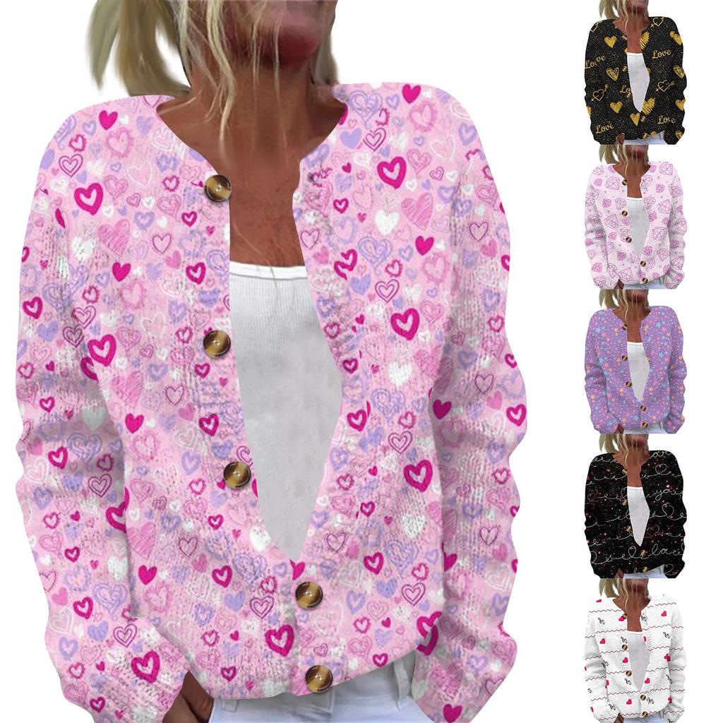 Women's Fashion Printed Valentine's Day Long Sleeved Knitted Cardigan Button Down Jacket