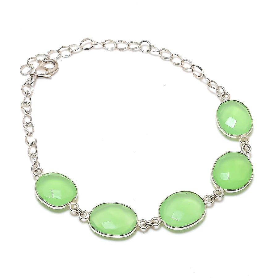 Green Chalcedony Gemstone 925 Sterling Silver Jewelry Bracelet 7-8" KJ-1729