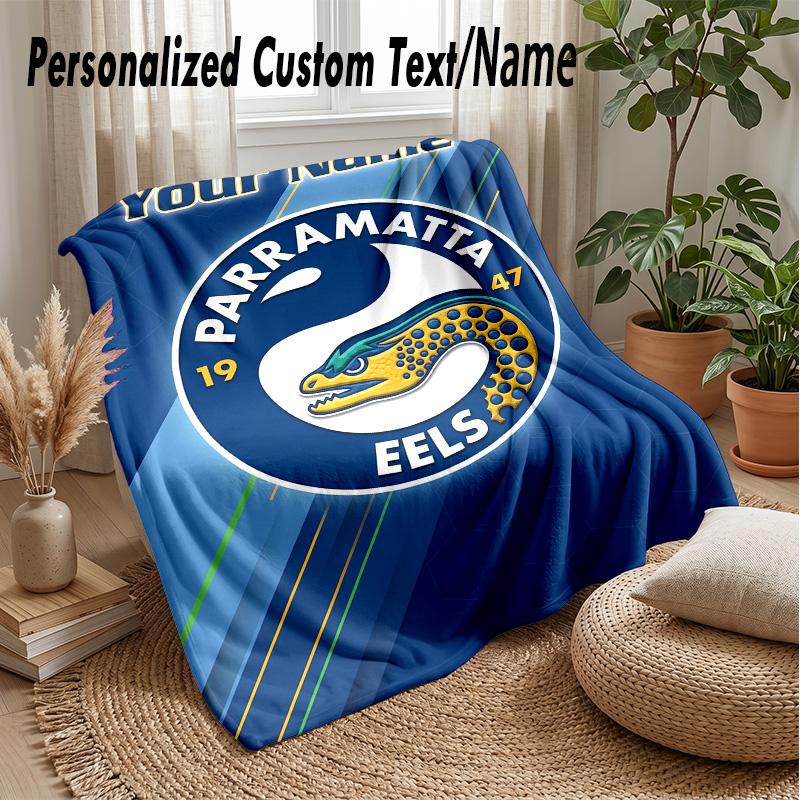 Parramatta Eels Custom Flannel Throw Blanket Print Your Name Text Soft Warm Blanket Holiday Present