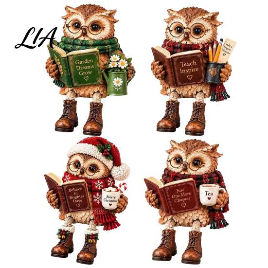 Farmhouse Style Resin Owl Sculpture Book Lover Shelf Sitter Figurine, Reading Statue Charming Nook Desktop Decor with Glasses Book, Whimsical Woodland