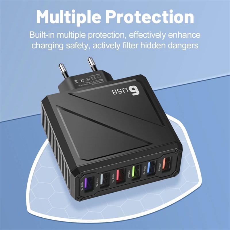 3.1A 6Ports USB Charger Fast Charging QC3.0 Travel Charger For iPhone 15 14 Samsung Xiaomi Mobile Phone Adapter EU US UK KR Plug