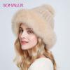Natural Mink Fur Hats for Women Winter Fox Fur Caps with Pompom Fashion Style Beanie for Ladies