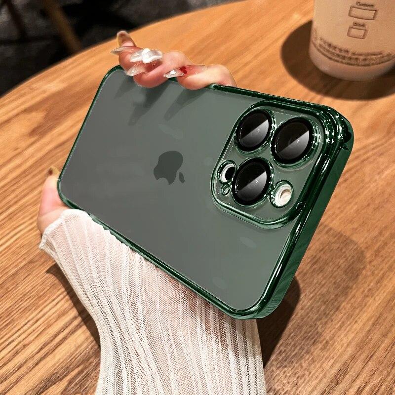 Original Square Plating Border Clear Phone Case For IPhone 11 12 13 14 15 Pro Max Plus Mini XS XR X Lens Film Protective Cover