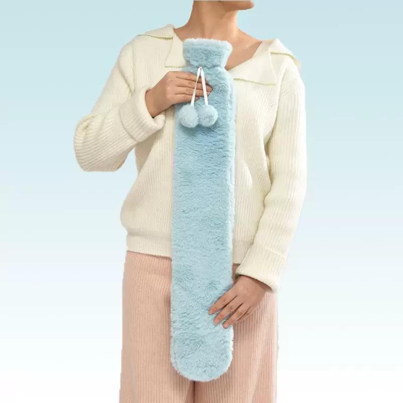 Household Hot Water Bottle with Water Filling, Explosion-Proof Plush Cover, Therapy Rubber Pvc Long Strip Large Capacity Water-Injection Hot Water Bag