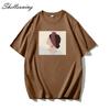 Shellsuning Oversized Casual O-neck Printed T-shirt for Women 2023 Summer Simple All-match Girl Tees 100% Cotton Soft Top Basic Harajuku Couple Tops