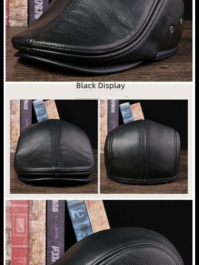 Men's Genuine Leather Duckbill Hat – Stylish, Warm, Thickened Cowhide Beret for Middle-Aged and Elderly (Autumn/Winter)