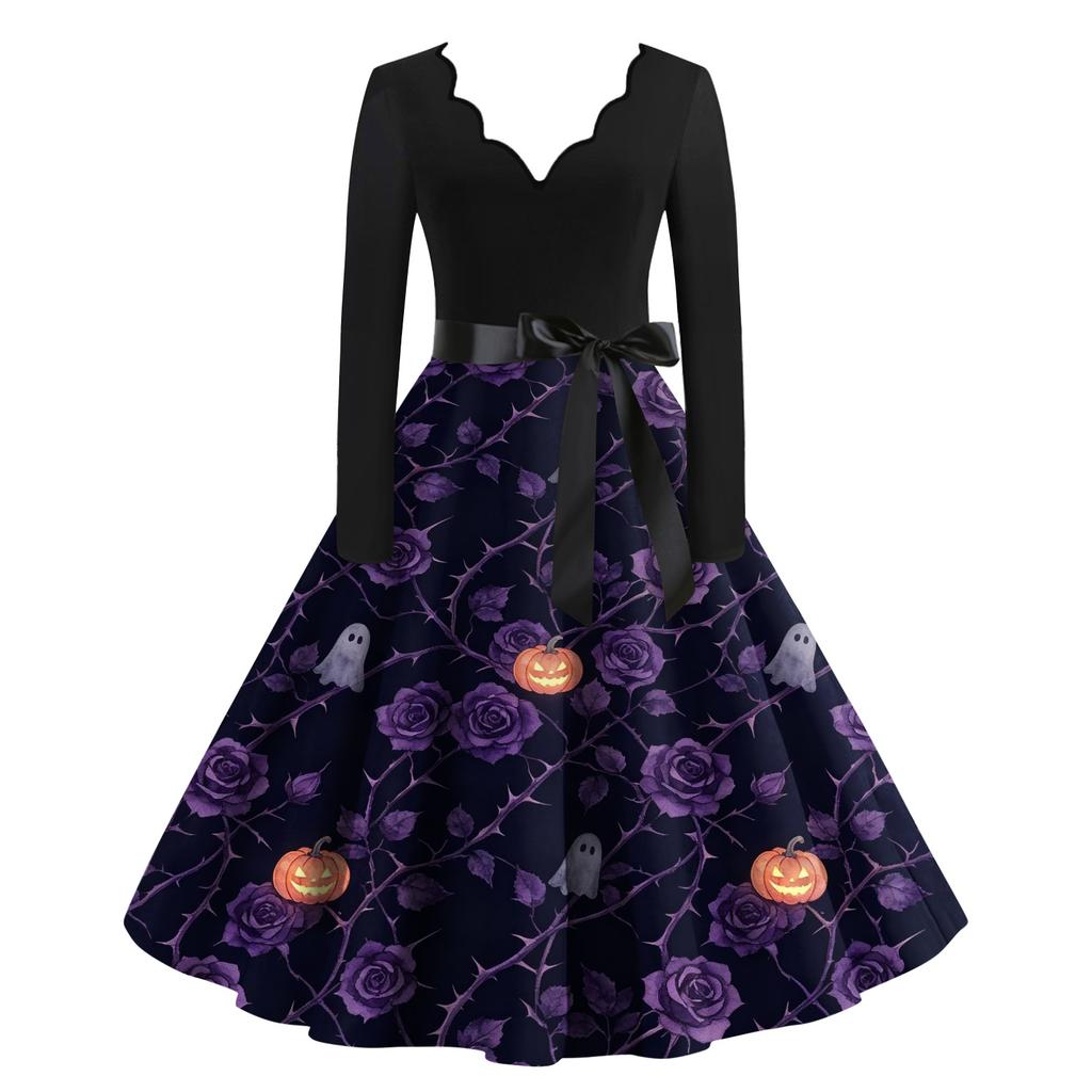 Women's Halloween Printed Long Maxi Dress for Costume Party