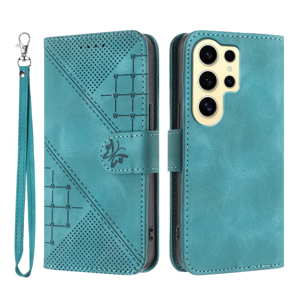 For Samsung Galaxy S24 Ultra Leather Wallet Case Butterfly Flower Imprinted Phone Cover with Strap