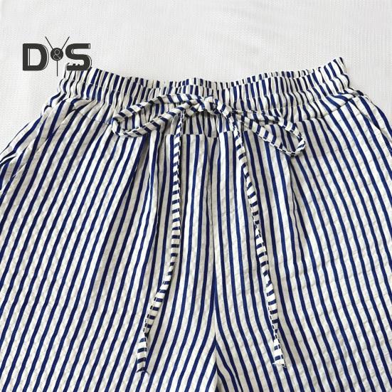 Женские брюки, регулируемые по талии, с эластичной резинкой на шнурке, длинные брюки средней посадки с карманами, широкие повседневные брюки с полосатым принтом