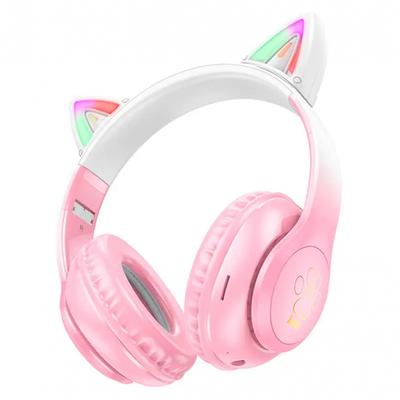 Детские беспроводные наушники Hoco W42 Cat Ear Bluetooth с кошачьими ушками и LED подсветкой Розовые с белым