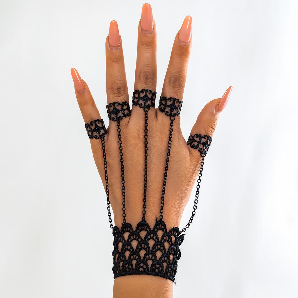 Творческие винтажные черные кружевные кольца-цепочки на запястье для женщин, металлические браслеты для соединения рук, рождественские украшения