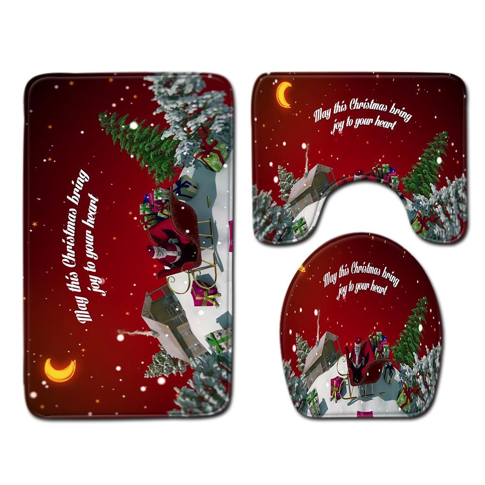 Christmas Bathroom Shower Curtain Toilet Floor Mat Four-Piece Bathroom Non-Slip Door Mat Kitchen Bedroom Absorbent Carpet