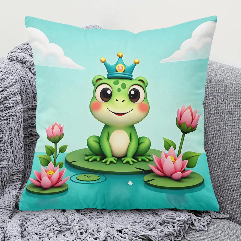 Cute Frog Prince Pillowcase Cartoon Animal Cushion Cover Kids Room Decor Lotus Flower Green Throw Pillow