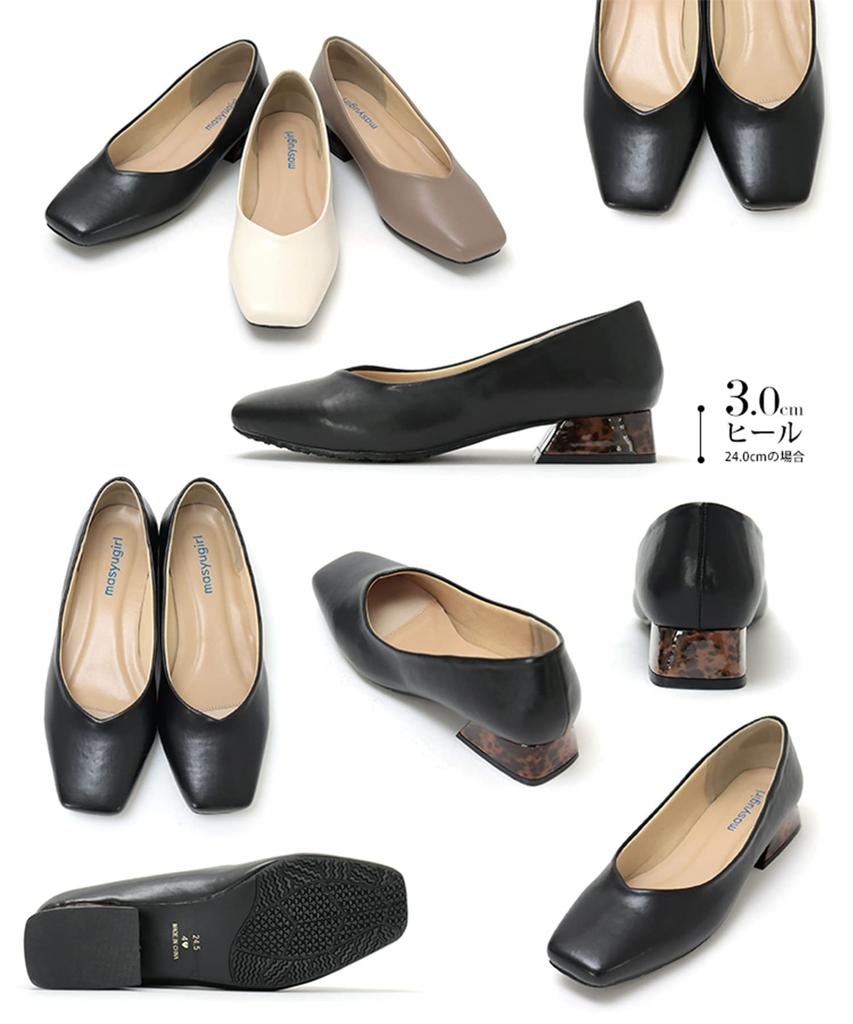 Masyugirl 4E Для всех квадратный расклешенный каблук [Sest] Широкие, Погодные, Носок, Туфли-лодочки, Женские, 24.0см, Черные, mg1021-4e-BLK-240