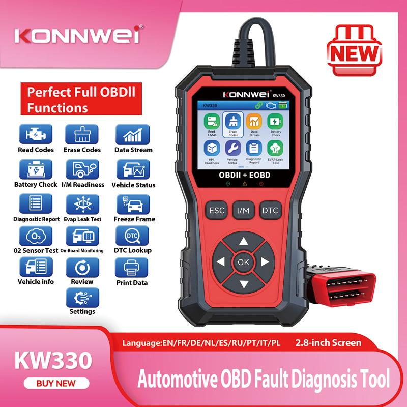 AWP1 2026 KONNWEI KW330 Автомобильный OBD2 Сканер неисправностей Тест аккумулятора двигателя Сброс кодов неисправностей Данные в реальном времени Профессиональный инструмент для OBD-диагностики