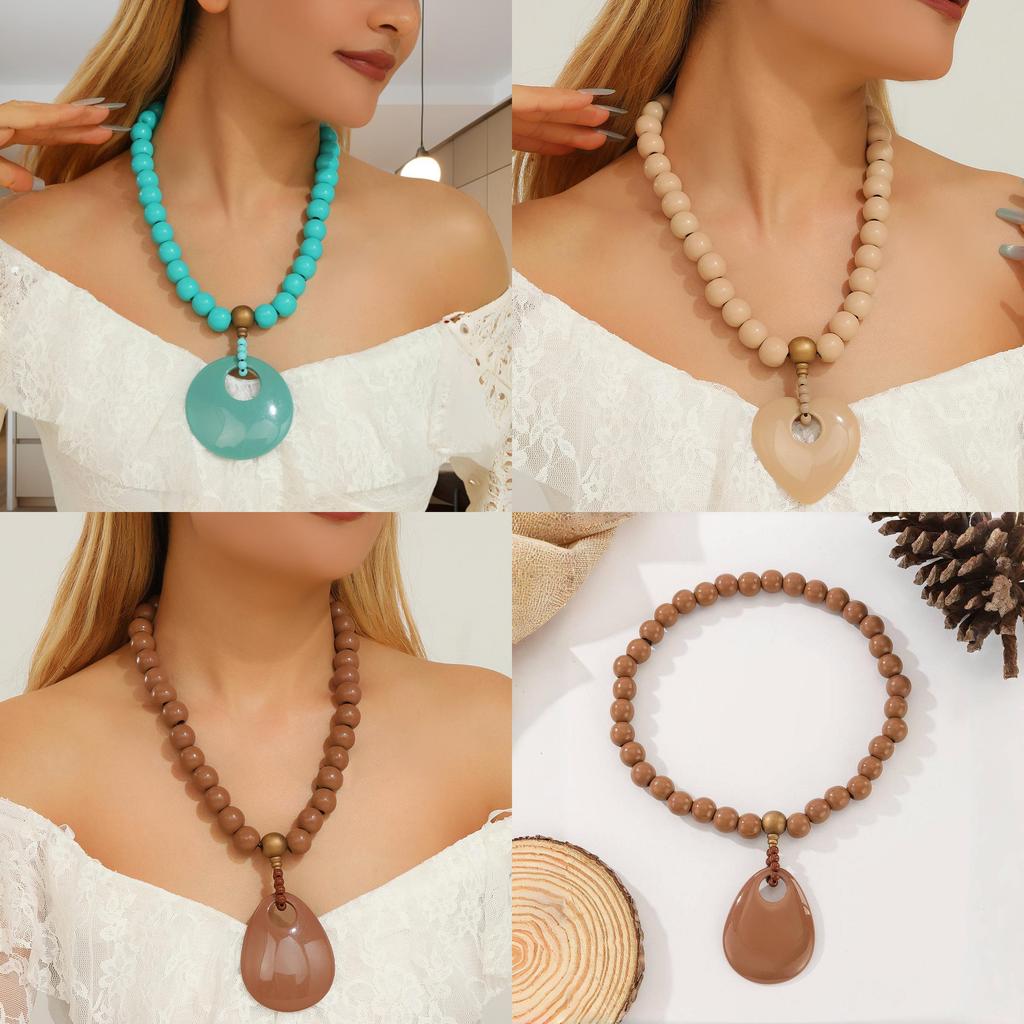 Beaded Wooden Summer Necklace Women Stretch Chain Geometric Pendant Decoration