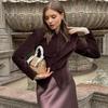 Vintage Suede Stand Collar Jacket Women Slim V-neck Single Breasted Long Sleeve Coats Autumn Elegant Solid Office Outwears
