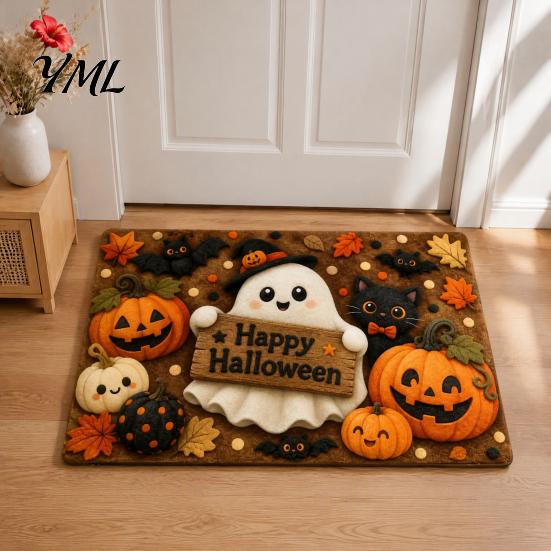Holiday Home Decoration Halloween Pumpkin Door Mat, Fall Seasonal Welcome Non-slip Farmhouse Festive Porch Rug Entrance for Front Entryway Kitchen