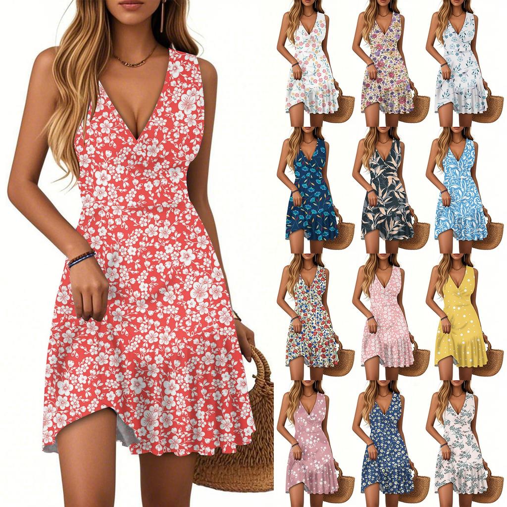 Women's Dress V-neck Sleeveless Casual Floral Print Hem Pleated Dress