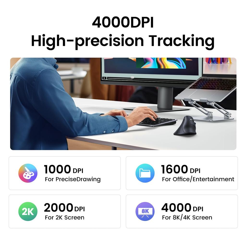 Беспроводная мышь UGREEN, вертикальная, бесшумная, Bluetooth, 6 кнопок, DPI, предотвращающая падение мыши, эргономичный дизайн, совместимая с черным 5.0 2.4GHz