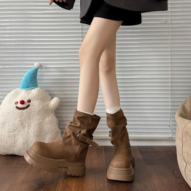 Зимние винтажные женские ботинки-рыцари на толстой подошве, обувь с пряжкой на ремне, увеличивающие рост, слипоны, длинные ботильоны