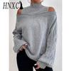 Women's Fashion Casual Solid Color Print Autumn Winter Long Sleeve High Neck Loose Sweaters
