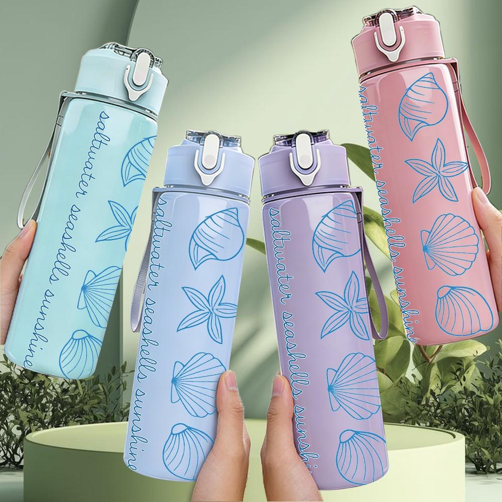 1PC Blue Seashell Ruler Texture 750ml Color Plastic Sports Water Bottle Leakproof Flip Straw Lid For Sports Office Home Use