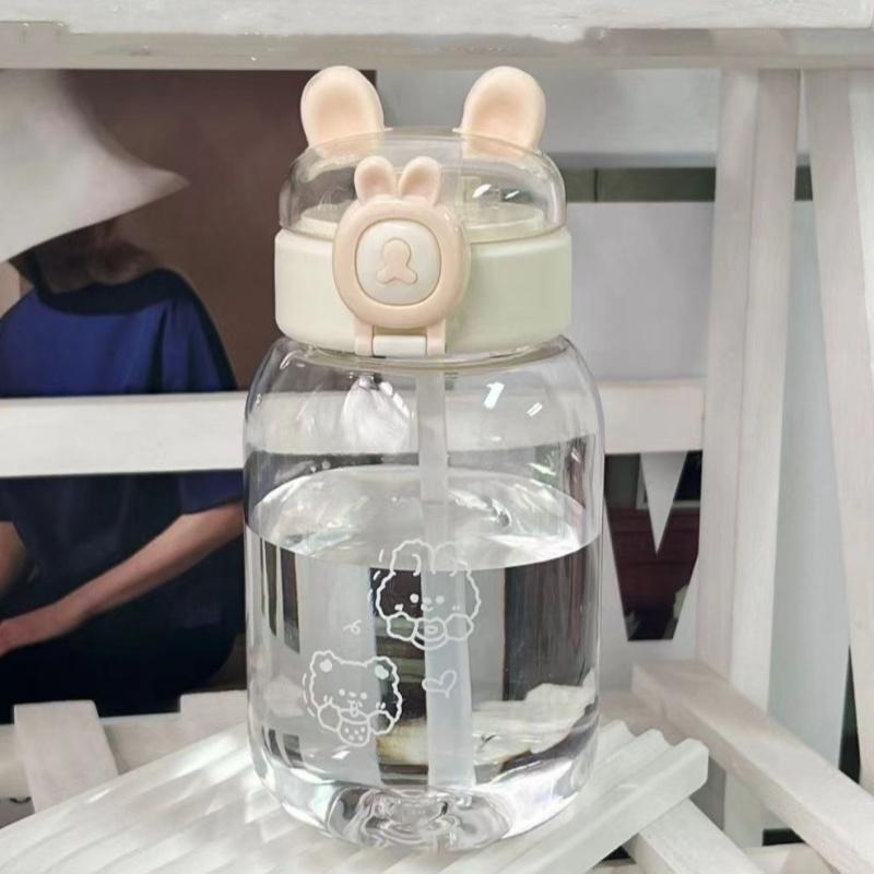 Бутылка для воды Kawaii Rabbit объемом 500 мл, портативная, симпатичная, в форме уха, с трубочкой и крышкой, летняя посуда для питья на открытом воздухе для кемпинга