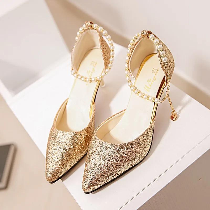 Sexy Women High Heels Pointed Toe Pearl Party Shoes Women Fashion Designer Sandals Luxury Bling Women's Pumps Sandalias De Mujer