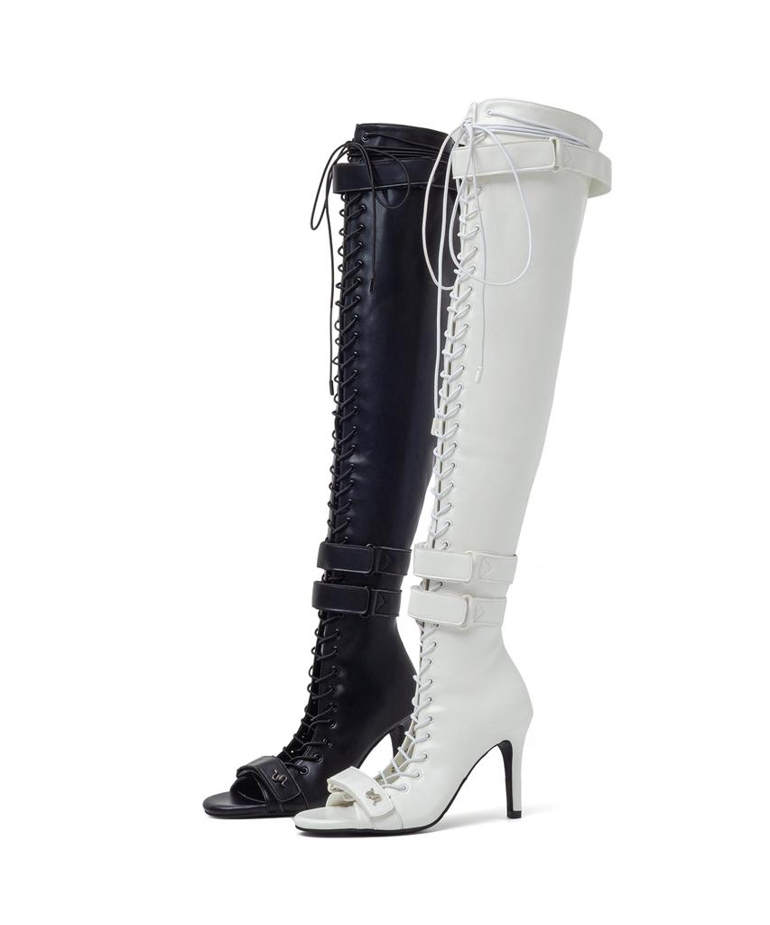 Ssimeez Double Strap Lace-Up Open-Toe Heel Boots (Black)