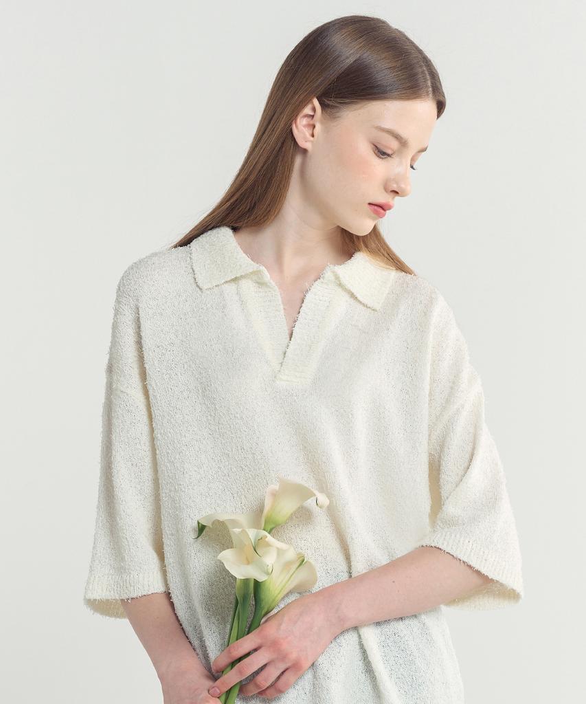 BLOND9 Tail Yarn Open Collar Short Sleeve Knit_Ivory