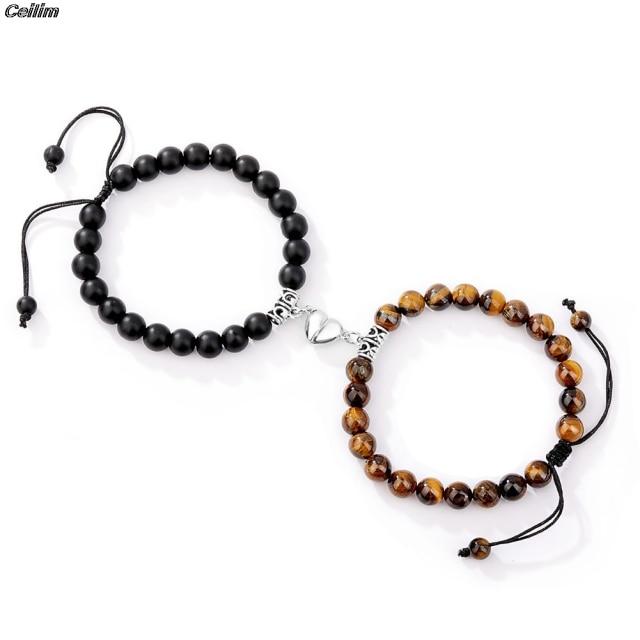 2pcs /Set Heart Shaped Magnet Attraction Couple Bracelet Natural Stone Distance Paired Bracelet Charm Jewelry Valentine Gift