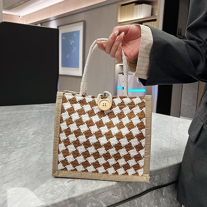 Клетчатая льняная холщовая сумка на одно плечо, сумка-тоут, классическая сумка для покупок, сумка-шоппинг в стиле ретро в стиле знаменитостей из Интернета, женская сумка в стиле ретро