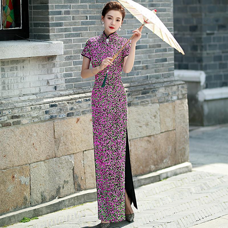 Красный cheongsam с пайетками новый атмосферный одежда для показа на подиуме как теща юбка-русалка свадебный cheongsam осенний тонкий