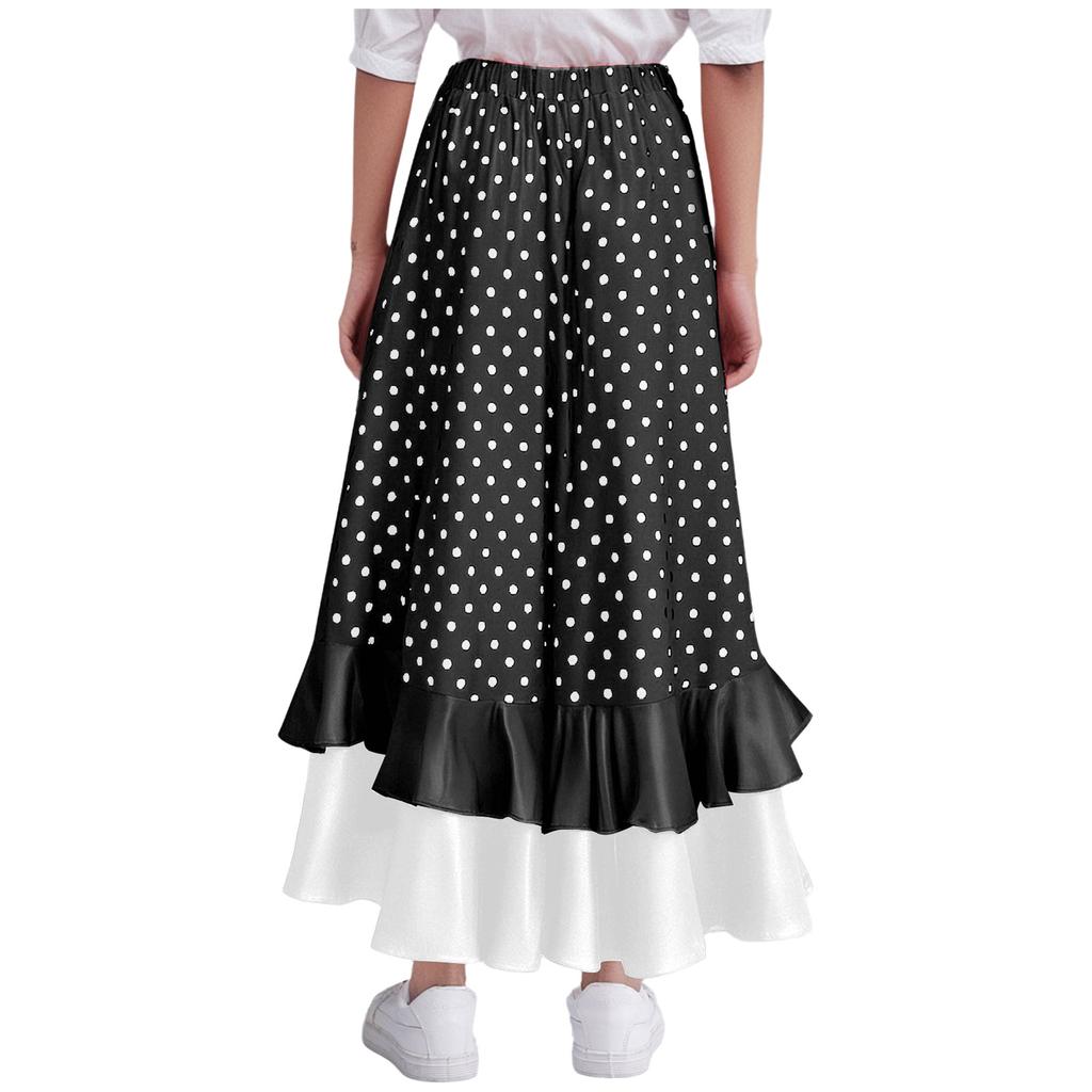 Юбка для танца фламенко для девочек, принт в горошек, многослойные оборки, эластичная талия, длинная юбка, испанский костюм для выступления