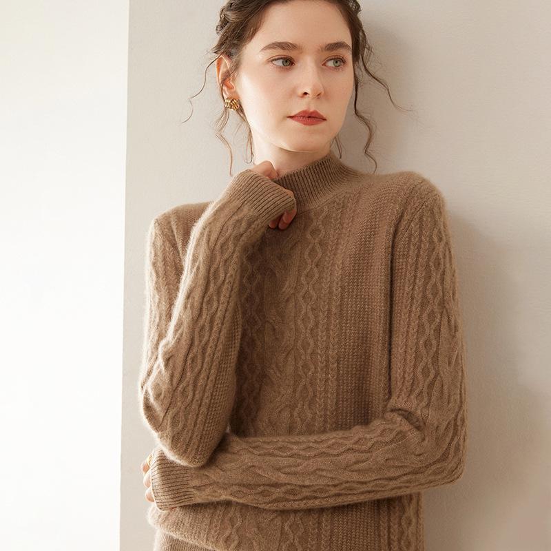 2025 Autumn/Winter Women's Cashmere Slim Fit Cable Knit Sweater - Thick Half-High Collar, Solid Color Base Layer