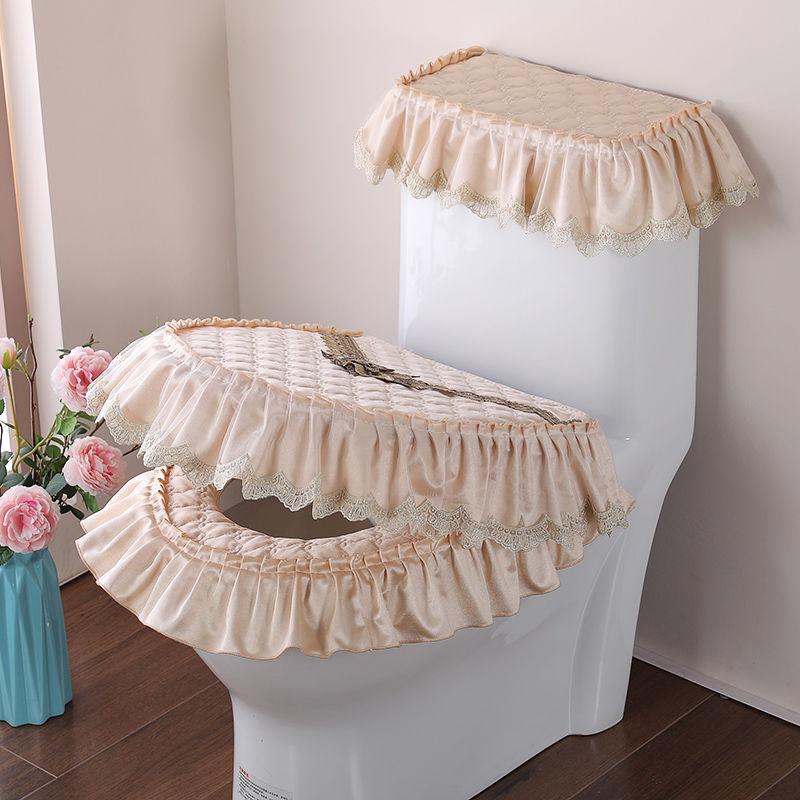 3 Pcs/Set Fabric Lace Toilet Mat Three-Piece Gold Velvet Toilet Seat Cover U-Shaped Zipper Toilet Pedestal Ring Toilet Cover