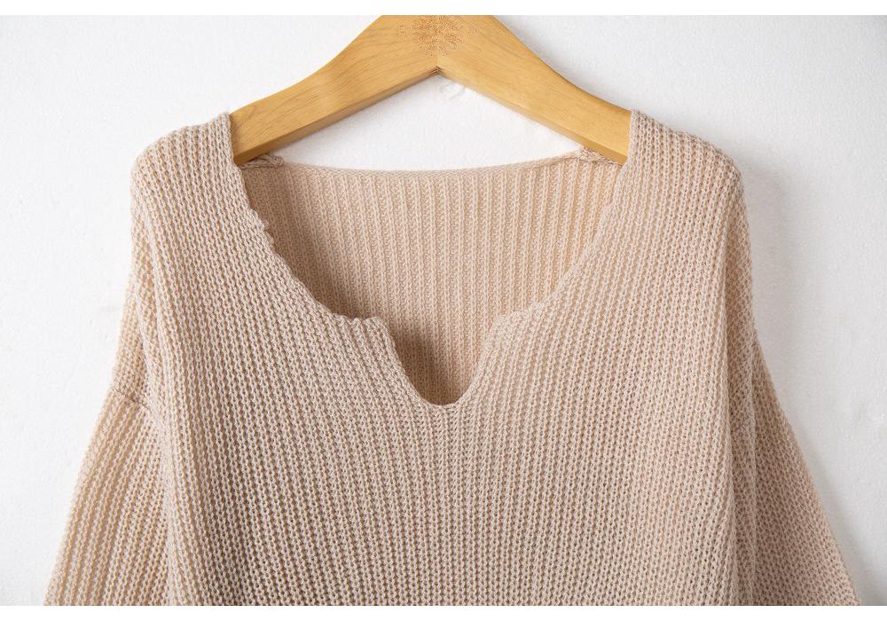 Women's V-Neck Long-Sleeve Ruffle Waist Solid Color Pullover Sweater - European & American Fashion