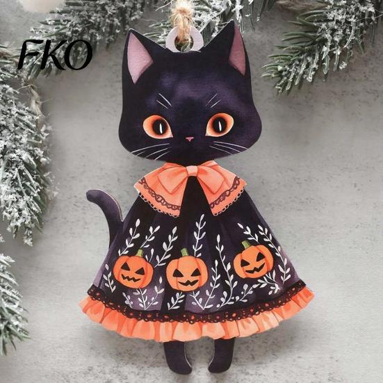 Halloween Party Hanging Decor Witch Cat Wooden Ornament, Decorative Pendant, Rustic Pumpkin Ornament Cute Holiday Favors for Tree And Window