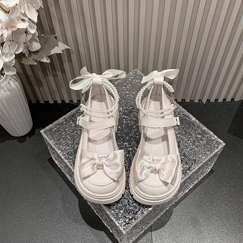 Fashion Thick Soled Shoes Women's Bow Round Toe Cute High Heels Spring New Versatile Elegant Comfortable Small Leather Shoes