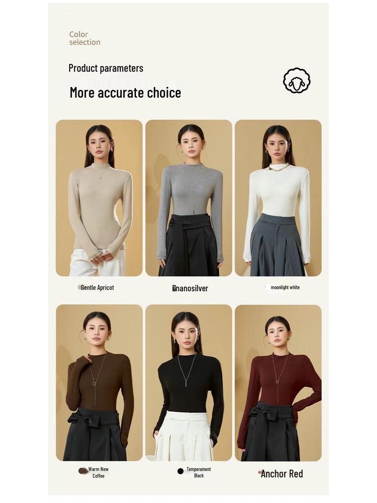 Women's Tencel Wool Acetate High Elastic Stand Collar Slim Fit Long Sleeve Base Layer Top for Autumn/Winter Warmth.