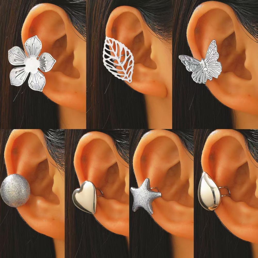 7pcs Set Trendy Personality Matte Smooth Hearts Flower Star Butterfly Leaves No Ear Holes Clip Earrings for Women Jewelry Sets