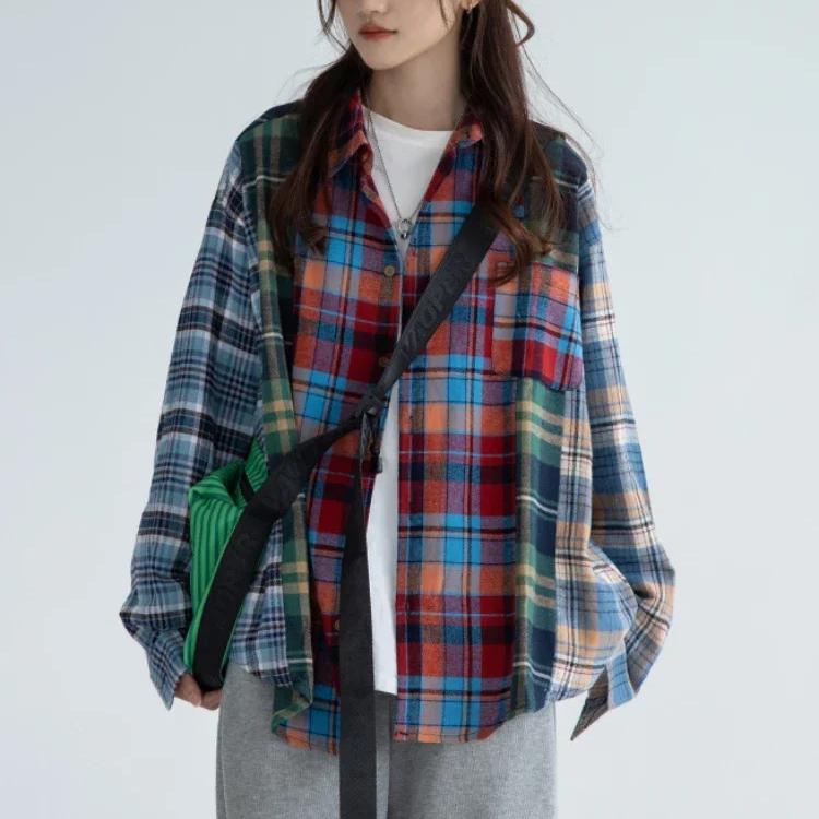 Свободные клетчатые рубашки, женский топ контрастного цвета, мешковатая рубашка в американском стиле ретро, ​​уличная одежда с длинными рукавами, универсальная женская одежда