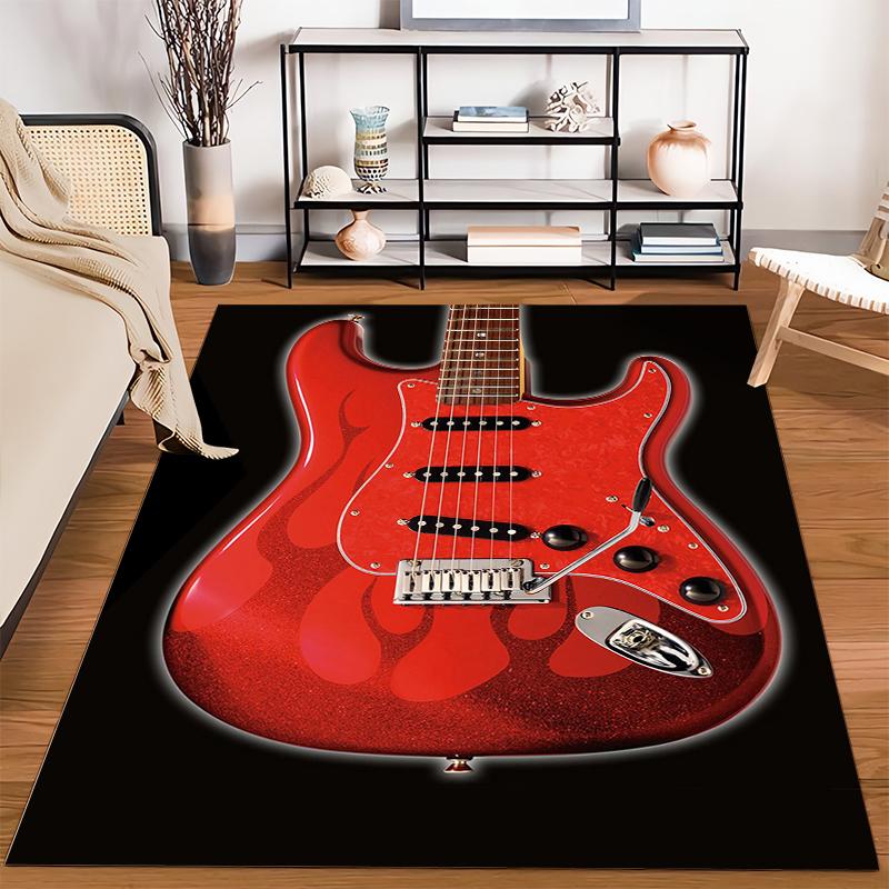 Red Guitar with Flame Design Non-slip rug suitable for living room and bedroom sofas